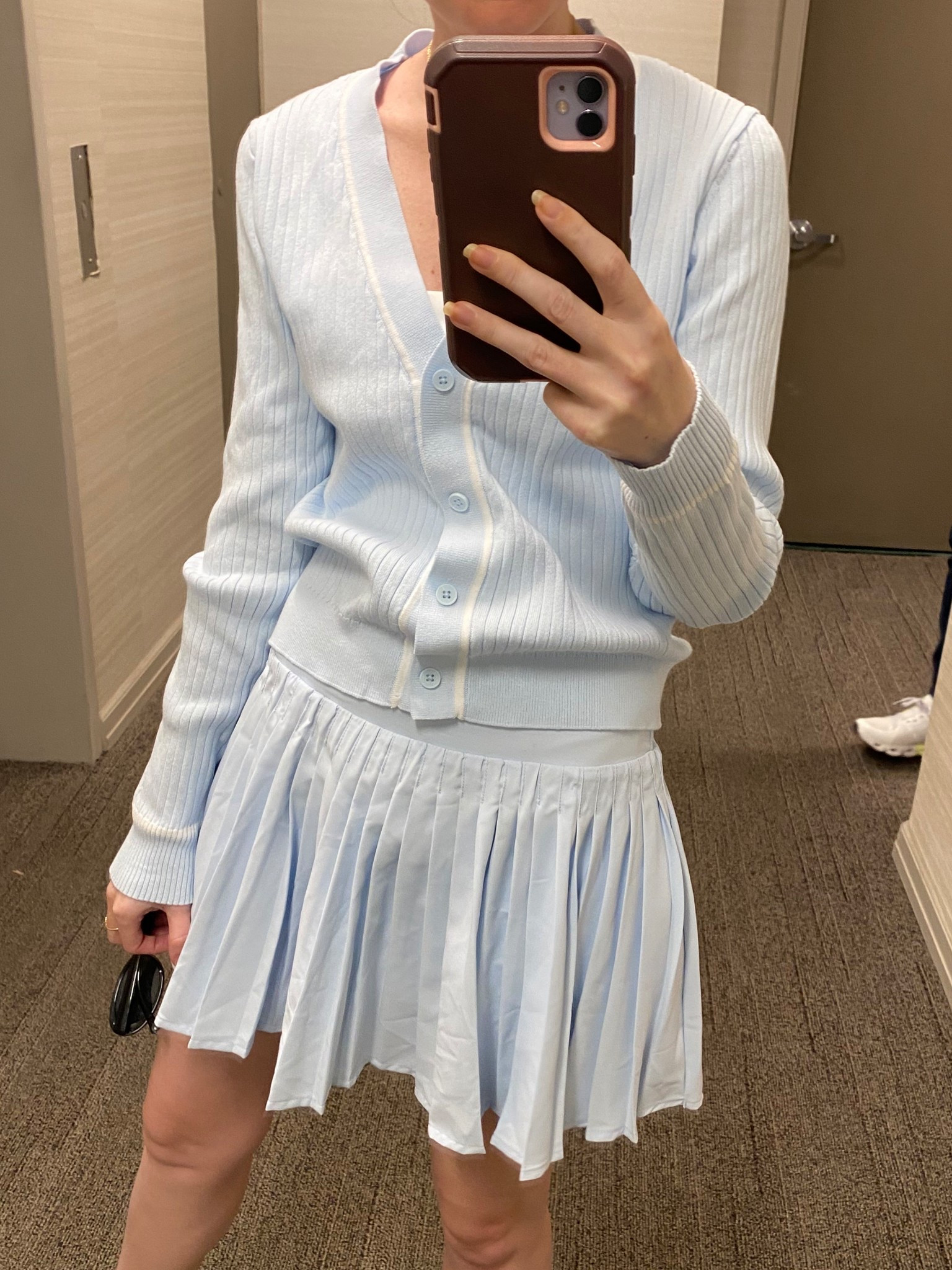 Tennis core outfit , tennis skirt, tennis cardigan, mom outfit , mom uniform 