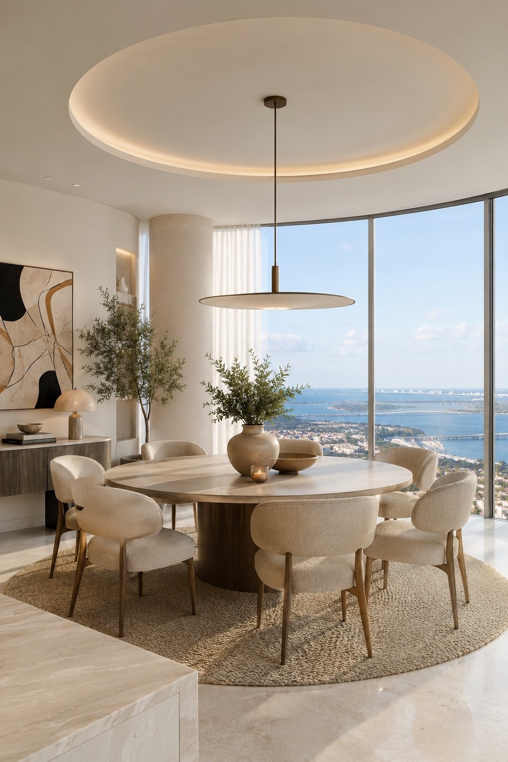 A serene coastal dining room featuring a sculptural round wood dining table, elegant bouclé chairs, soft neutral tones, designer pendant lighting, and breathtaking ocean views through floor-to-ceiling windows. This warm organic modern space blends timeless luxury with relaxed coastal elegance for a sophisticated, resort-inspired home.

#diningroomdesign #organicmodern #coastalliving #luxurydiningroom #moderndiningroom #neutralhome #luxuryinteriors #interiordesign #homedecor #modernhome #coastalhome #designerhome #diningroomdecor #homeinspiration #interiorinspiration #ltkhome #amazonhome #modernluxury #luxuryhome #coastaldecor