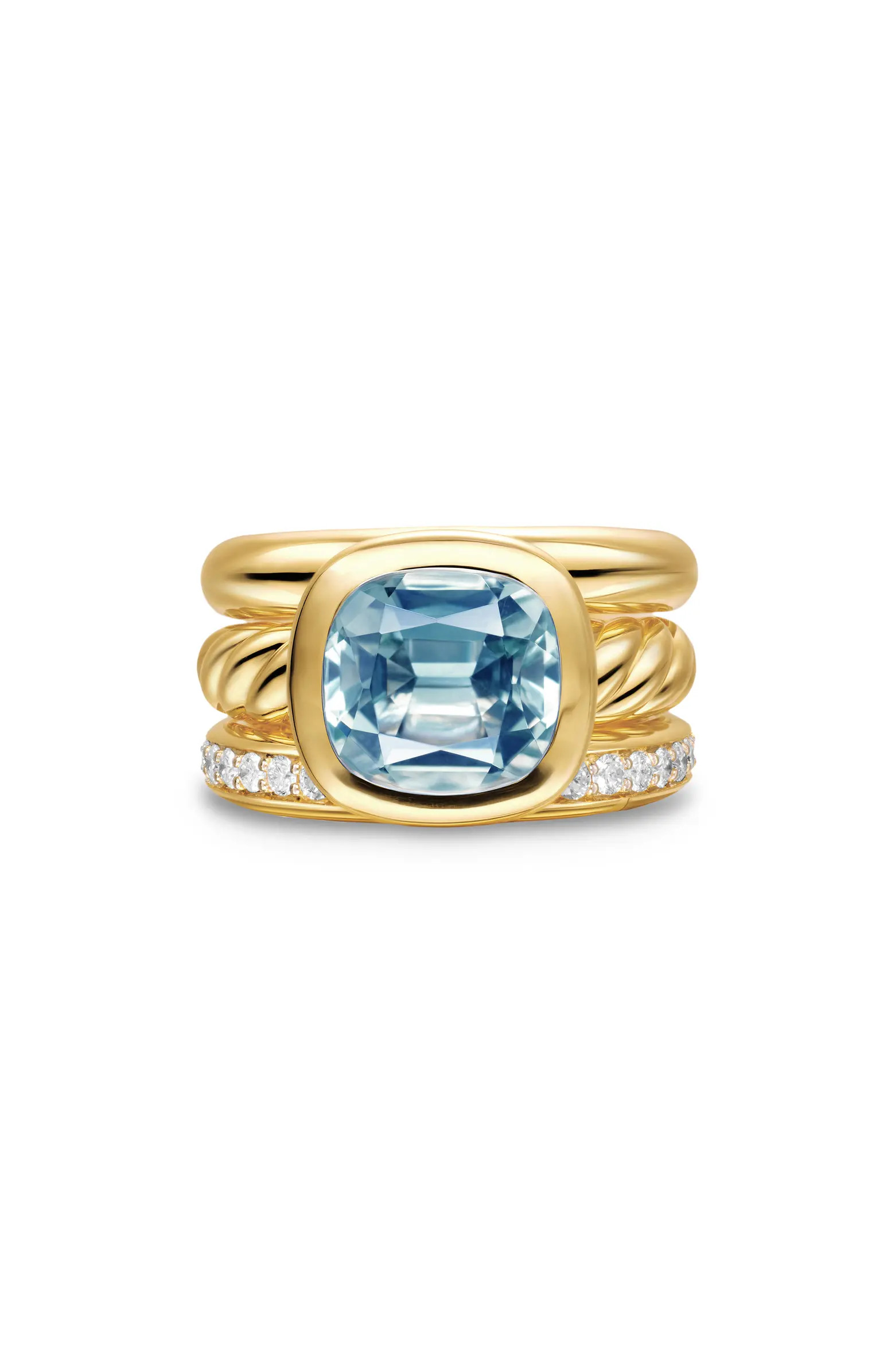 DY Mercer® Three Row Stone Ring in 18K Yellow Gold with Sky Blue Topaz & Diamonds, 12mm | Nordstrom