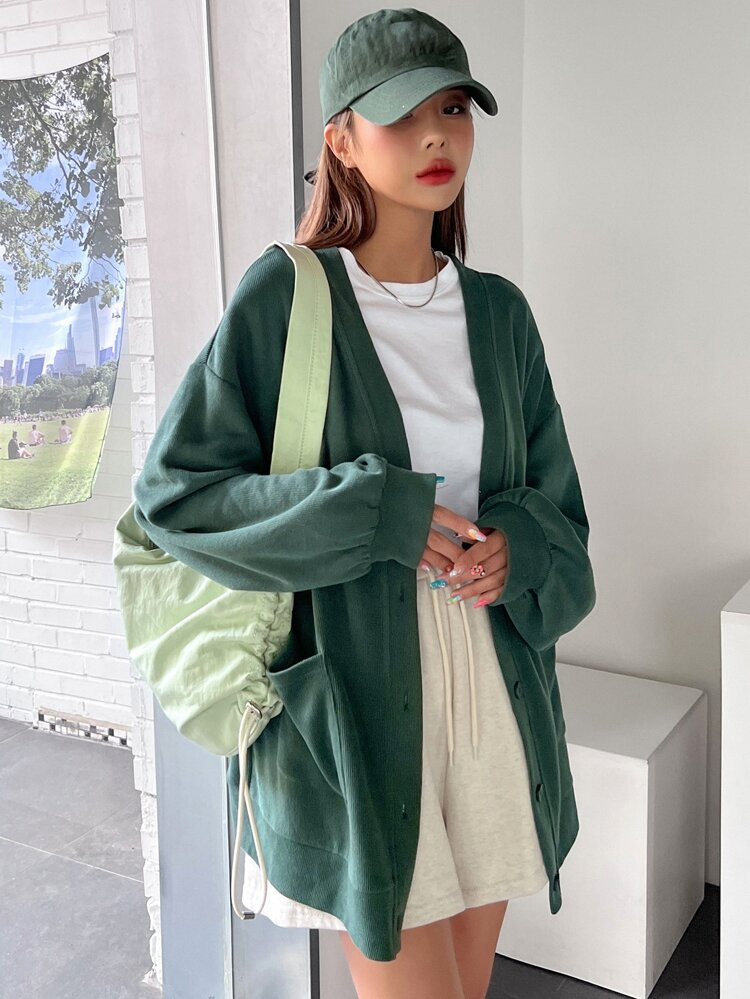 DAZY Button Up Dual Pockets Drop Shoulder Oversized Sweatshirt | SHEIN