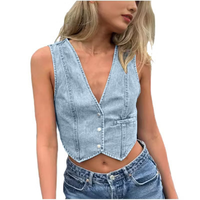 Women's Jean Vests Crop Denim Tank Top Button Down Waistcoat Casual Sleeveless V Neck Jacket | Target