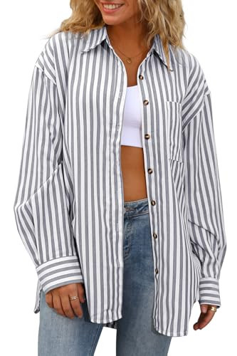 CHYRII Womens Striped Button Down Shirt Casual Long Sleeve Blouse Top Black XXL | Amazon (US)