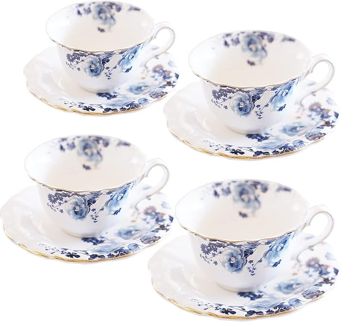 Jomop Ceramic Tea Cups Coffee Cup and Saucers Set of 4 (Blue and White) | Amazon (US)