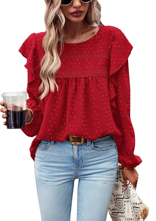 PRETTYGARDEN Women's Long Sleeve Blouses Ruffle Swiss Dot Crochet Loose Fit 2025 Spring Fall Tuni... | Amazon (US)