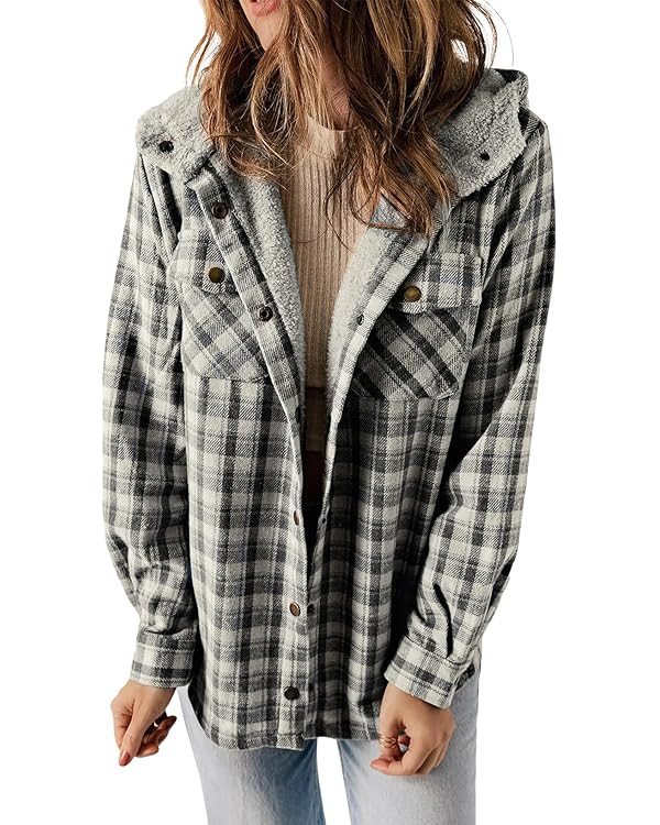 Dokotoo Womens Plaid Shacket Jacket Long Sleeve Button Down Fleece Hooded Jackets Warm Coat | Amazon (US)