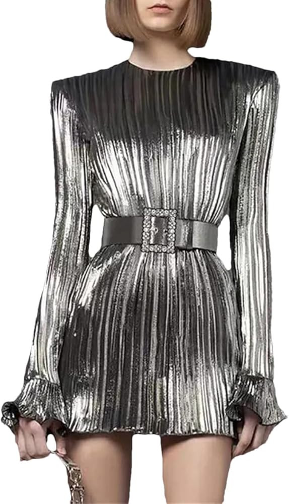Women's Retro Pleated Shiny Casual Dress with Rhinestone Waistband Splicing and Waist Cinching Lo... | Amazon (US)