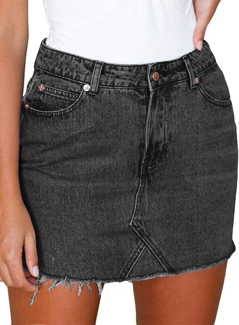 Jean Skirts for Women's Casual Washed Frayed Stretch Denim Mini Skirt | Amazon (US)