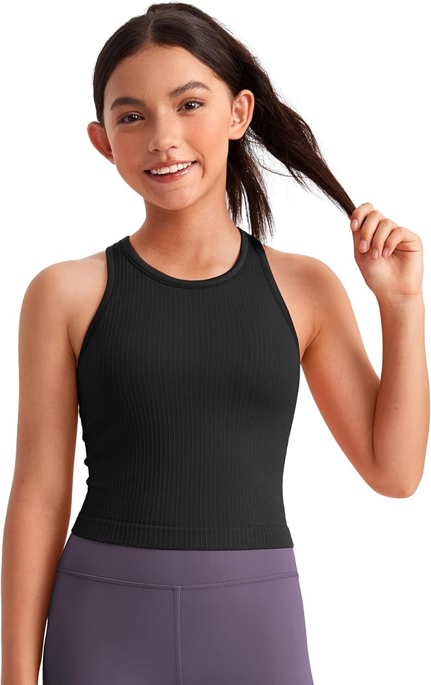 CRZ YOGA Girls Seamless Ribbed Longline Sports Bra - Yoga Athletic Casual Tops High Neck Racerbac... | Amazon (US)