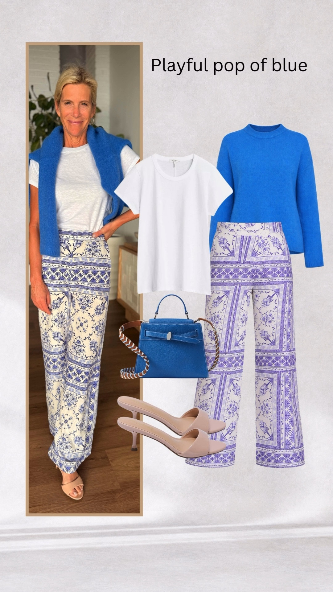 Casual chic look with a pop of blue and statement printed trousers. 

#LTKootd #LTKSeasonal #LTKOver40