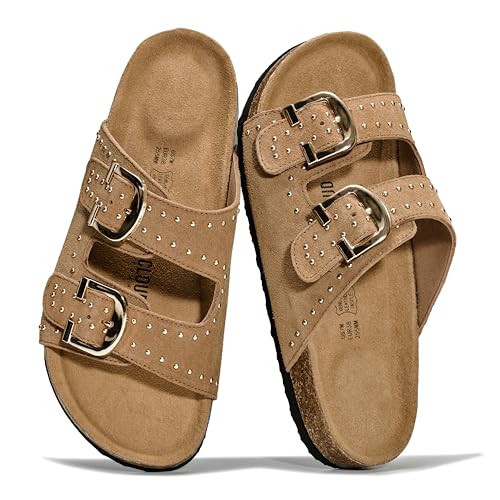 Project Cloud 100% Genuine Leather Womens Sandals - Lightweight Sandals for Women 2026 Memory Foam Insole & Natural Cork Footbed Beach Essentials Slides for Women Footwear(VenitaStud,CHSTNUTSDE,10M) | Amazon (US)