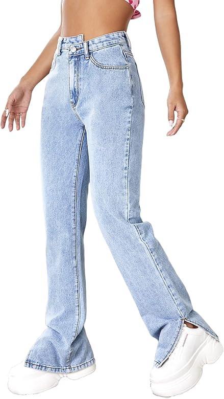 WDIRARA Women's Asymmetrical High Waist Split Side Jeans Long Denim Pants | Amazon (US)
