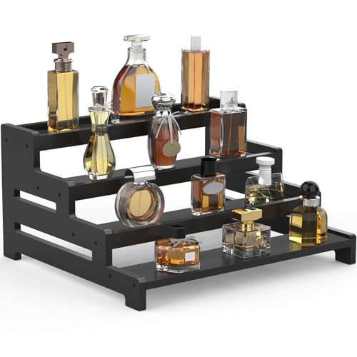 upcessory Wood Cologne Organizer for Men, Extra Large Perfume Organizer, 4 Tier Display Risers Stand for Dresser, Party, Figures, Cupcake, Dessert, Makeup - Black | Amazon (US)
