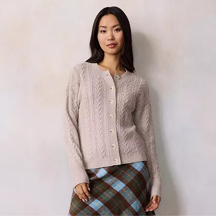 Women's LC Lauren Conrad Crewneck Pointelle Cable Sweater Cardigan, Size: Medium, Black Olive | Kohl's