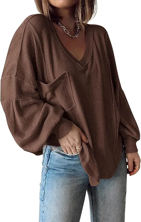 FreshPretty Women's Ribbed Long Sleeve Tops Summer Spring Pullover Knit Casual V Neck Blouses Tre... | Walmart (US)