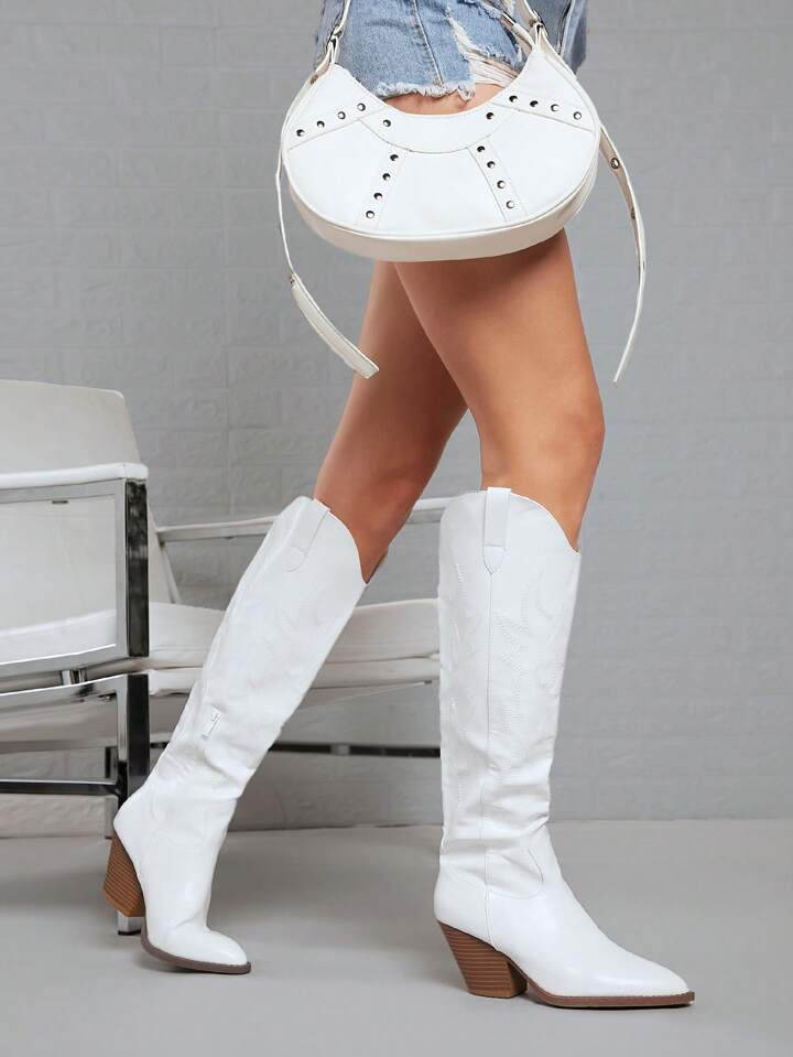 SHEIN SHUZIA Pointy Toe Below Knee Cowboy Boots | SHEIN