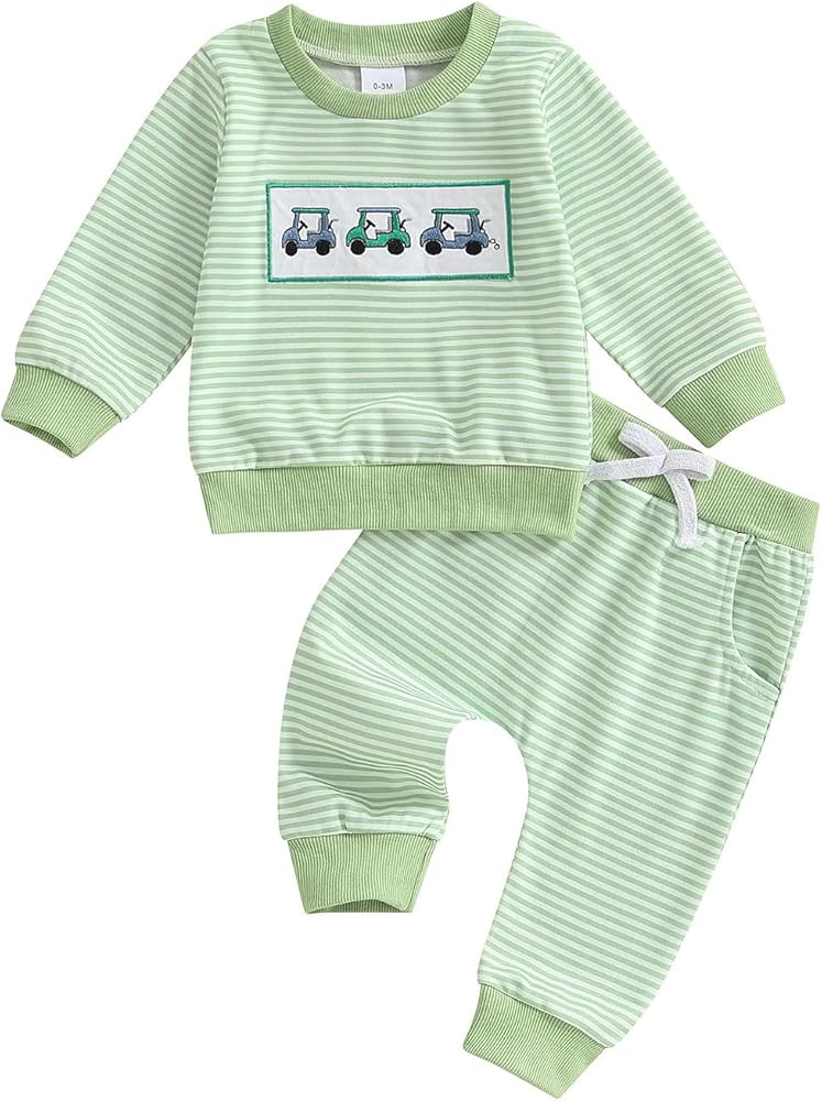 Toddler Baby Boy Girl Golf Outfit Golf Cart Long Sleeve Sweatshirt Striped Pants Set 2Pcs Infant ... | Amazon (US)