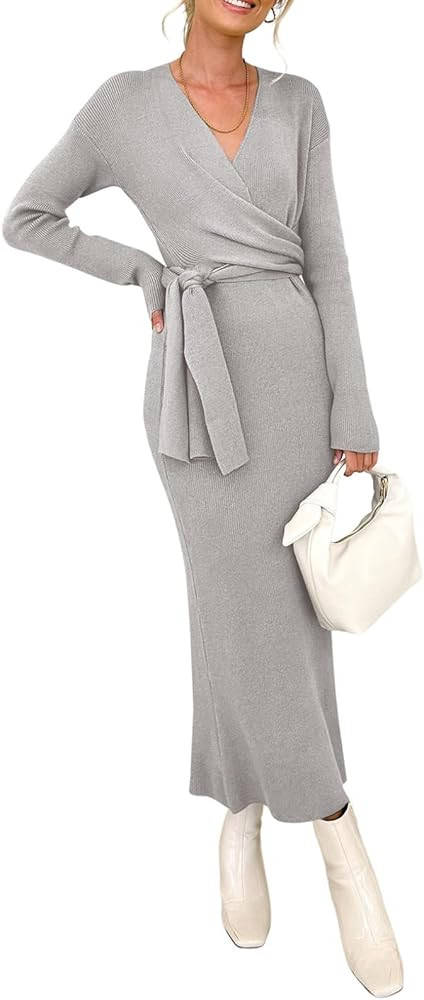 Happy Sailed Womens Knit Dress Spring Long Sleeve Wrap V Neck Tie Waist Ribbed Sweater Dresses | Amazon (US)