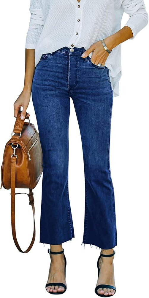 Flare Jeans for Women Cropped Stretchy Mid Rise Bell Bottom Jeans Womens Crop Flare Jeans with Ra... | Amazon (US)