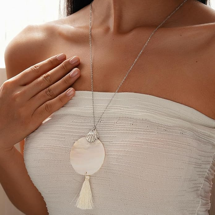 Boho Long Necklaces for Women Trendy Shell Tassel Pendant Necklace Vintage Big Disc Seashell Swea... | Amazon (US)