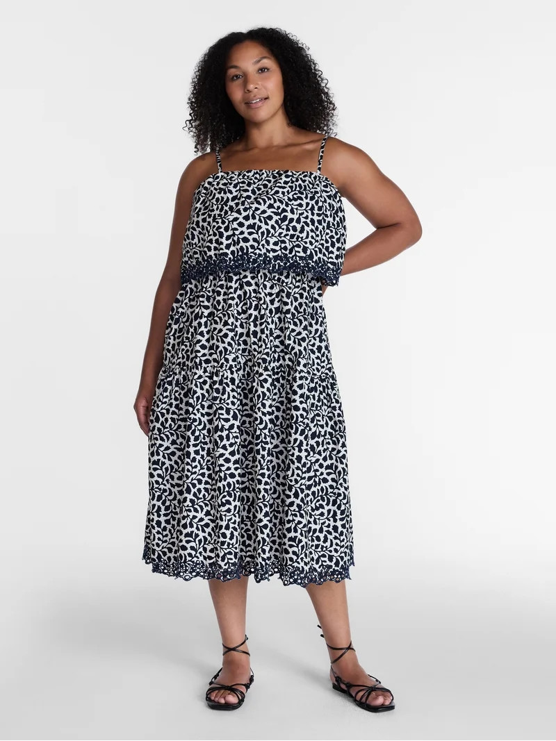 Time and Tru Women's and Women's Plus Sleeveless Cotton Midi Dress with Eyelet Trim, Sizes XS-4X | Walmart (US)