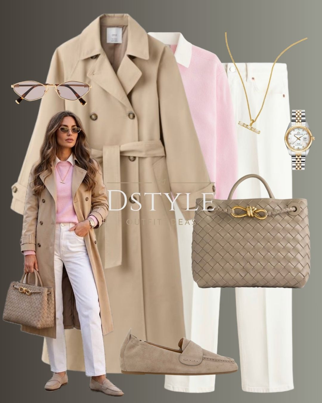 Spring Outfit Idea: How to style a beige trench coat with white jeans. 🧥🌸 Featuring a pastel pink sweater, taupe suede loafers, and a woven leather tote. This preppy chic aesthetic is perfect for a capsule wardrobe. 

 

#LTKootd #LTKWorkwear