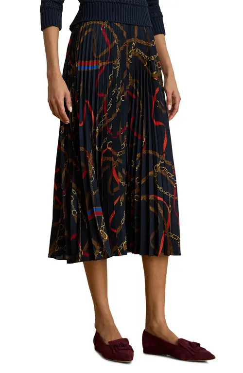 Lauren Ralph Lauren Belting Print Pleated Georgette Skirt in Navy Multi at Nordstrom, Size 0 | Nordstrom