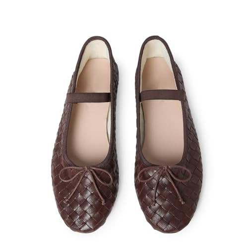 LUXMUWA Womens Brown Woven Ballet Flats with Bow Round Toe Slip on Mary Jane Flats Ladies Fashion Elastic Strap Ballerina Shoes Size 7 | Amazon (US)