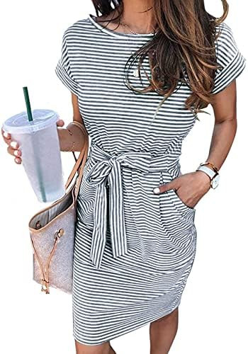MEROKEETY Women's 2026 Summer Casual T Shirt Dress Short Sleeve Striped Tie Waist Work Vacation T... | Amazon (US)
