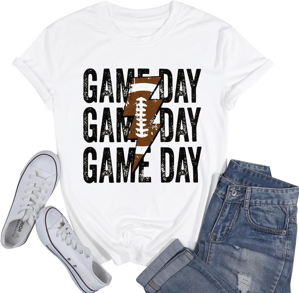 Game Day T-Shirt Woman Lightning Print Short Sleeves Top Vintage Gameday Football Shirt Squad Spo... | Amazon (US)