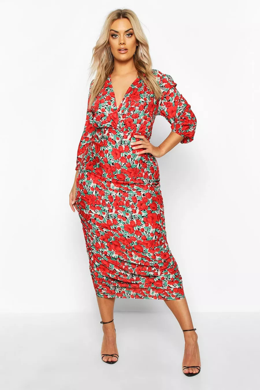 Plus Woven Large Floral Rose Ruched Wrap Dress | Boohoo.com (US & CA)