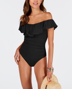 La Blanca Island Goddess Off-The-Shoulder Ruffled Tummy-Control One-Piece Swimsuit Women's Swimsuit | Macys (US)