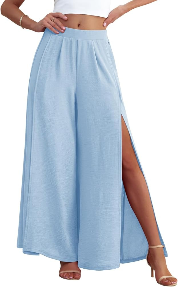 POKWAI 2024 Womens Summer Beach Flowy Pants Travel Vacation Wide Leg High Waist Split Leg Lightwe... | Amazon (US)