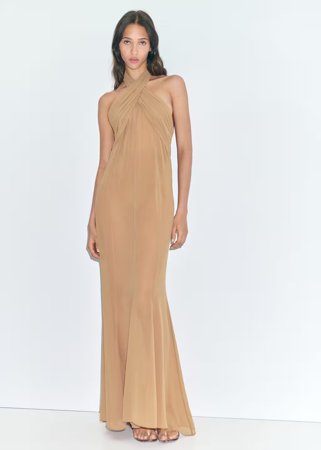 Long semi-transparent dress with crossed neckline nude - Women - 4 - MANGO | Mango (US/MX/AU)