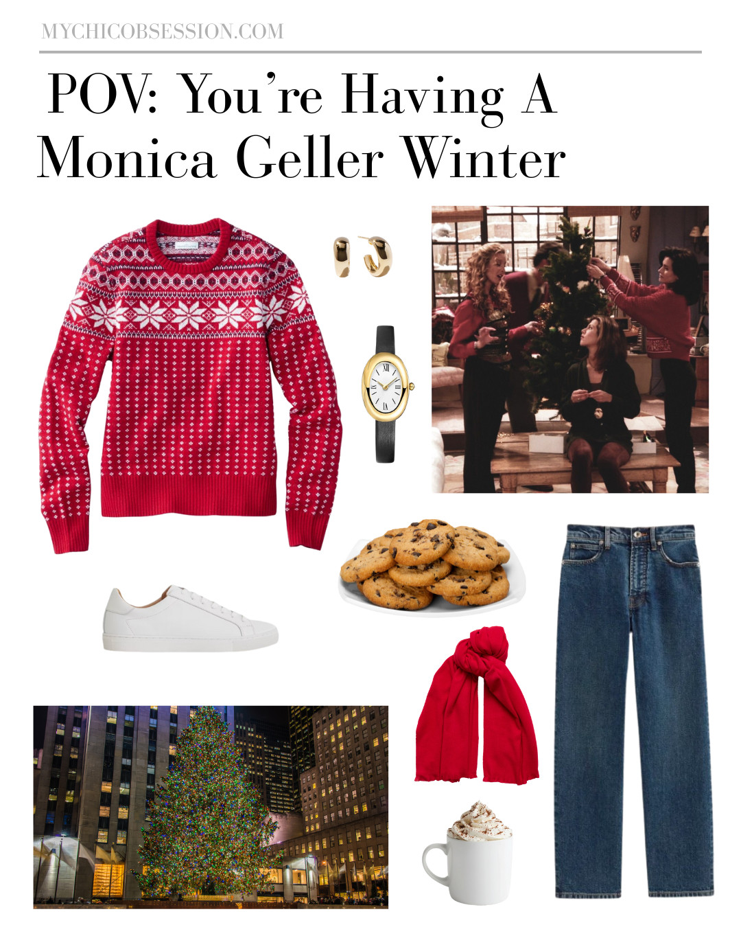 POV: You're having a Monica Geller winter! Get together with friends this season in cozy, timeless staples like a Fair Isle sweater, classic denim, white sneakers and a warm red scarf. Stick to classic, minimalist jewelry. 

 #LTKSeasonal
