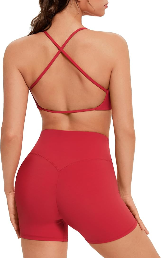 OMKAGI Workout Sets for Women Open Back Strappy Sports Bra Booty Biker Shorts Gym Outfits | Amazon (US)
