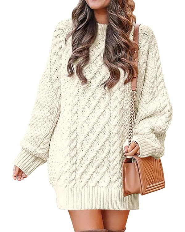 ANRABESS Women 2023 Fall Crewneck Long Sleeve Oversized Cable Knit Chunky Pullover Short Sweater ... | Amazon (US)