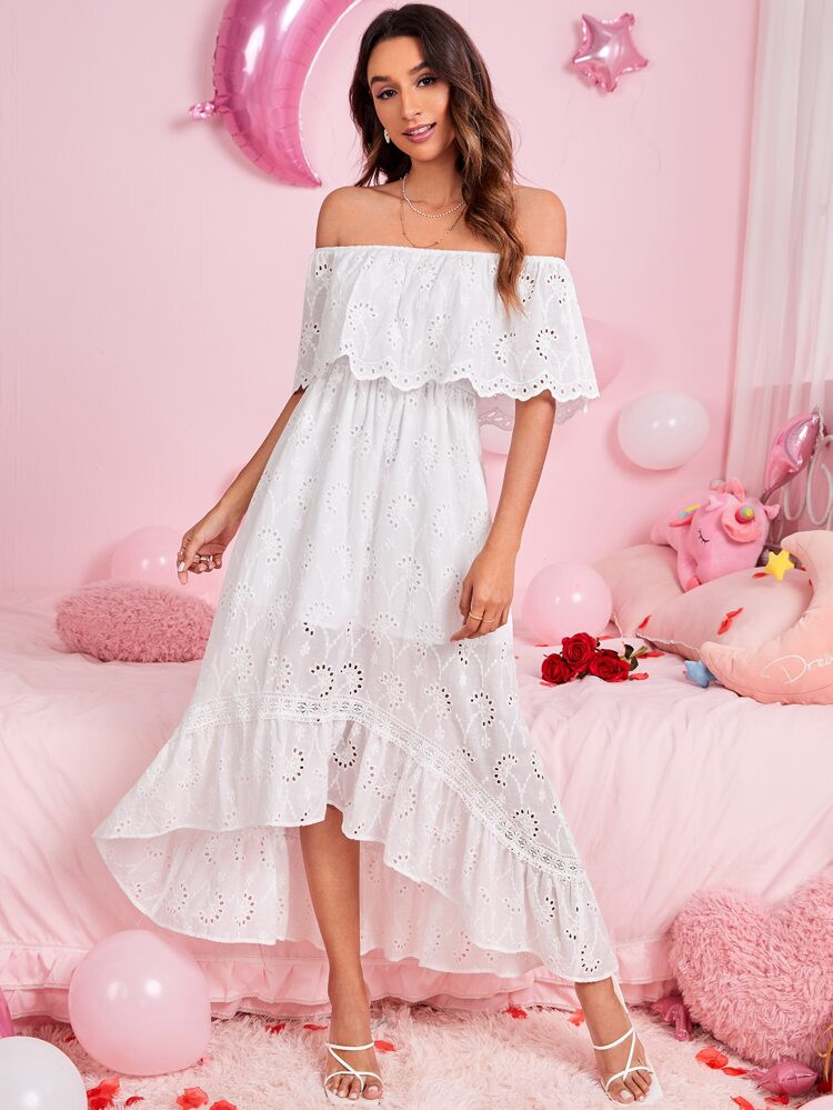 SHEIN Ruffle Hem High Low Off Shoulder Dress | SHEIN