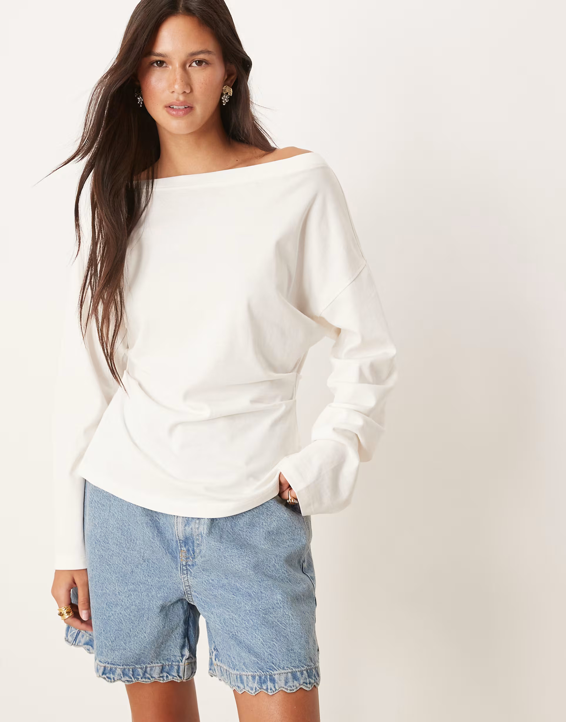 ASOS DESIGN long sleeve off shoulder corset waist tee in - WHITE | ASOS (Global)