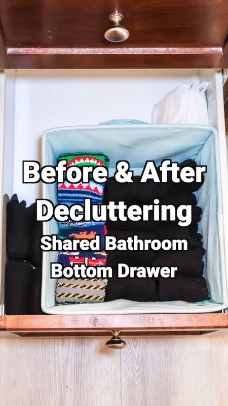 Before and After Decluttering Shared Family Bathroom Bottom Drawer! This is a shared bathroom drawer of our son and me. 

I linked our favorite items that we kept!

I decluttered socks that were too small and also socks our son didn’t find comfortable. I took some of the new socks that fit out of the packaging. I also took the pads out of the packaging, and they take up so much less space. 

I put the items that were our son’s that I thought could be gotten rid of (donate or recycle) in a pile. Then when he got home, I checked with him that he was fine with getting rid of the items. This works well if a family member isn’t home or able to declutter with you at the same time. 

This decluttering project was fast one! I love having this drawer decluttered in this shared bathroom drawer! 

Get My Free Bathroom Decluttering Checklist: 
✨ ChrissyChitwood.com ➡️ Free Bathroom Decluttering Checklist 

Target, Amazon finds, declutter, organization, organize, home tips, kids socks, boys socks 

#LTKVideo #LTKfamily #LTKhome