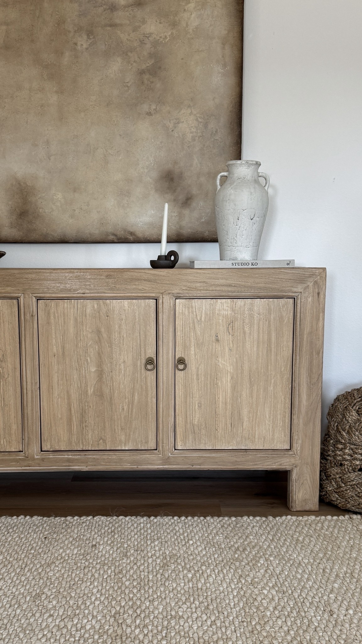 Neutral organic modern console table styling featuring earthy decor pieces, textured pottery, and minimal home accents. This organic modern home aesthetic blends natural wood tones with neutral decor ideas for the perfect living room look. 

 #LTKHome