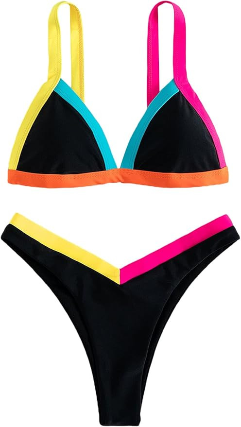 GORGLITTER Women's Colorblock Swimsuit High Cut Thong Triangle Tops Bikini Set Bathing Suit | Amazon (US)