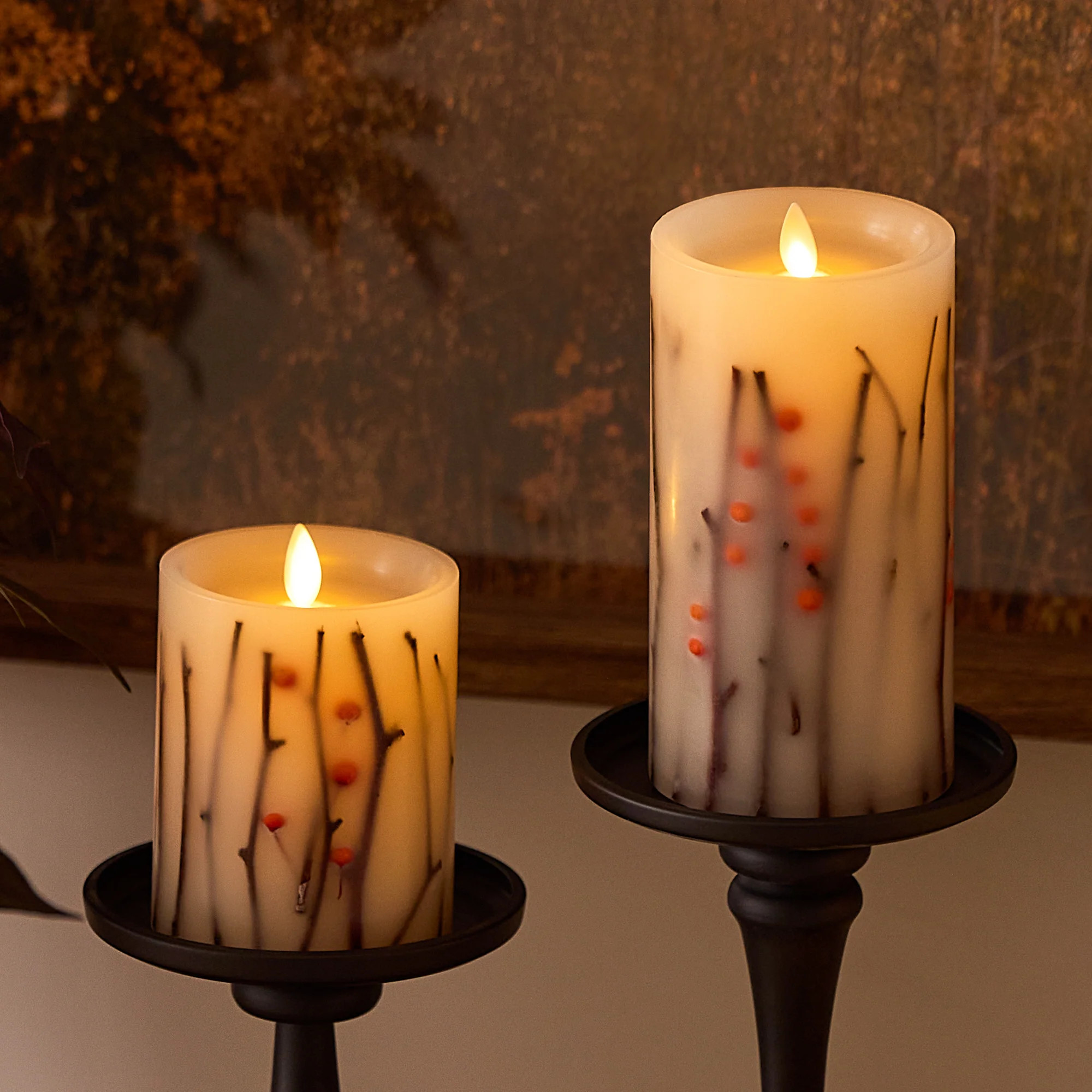 Pearl Ivory Embedded Orange Berries & Twigs Flameless Candle Pillar | Luminara