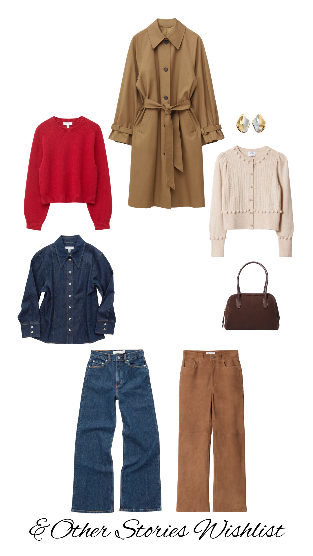 &Other Stories, New In, Autumn Outfits, Trench Coat, Classic, Red Jumper, Knit Cardigan, Denim Shirt, Blue Jeans, Suede Trouser, Suede Bag 

 #LTKuk #LTKautumn #LTKstyletip
