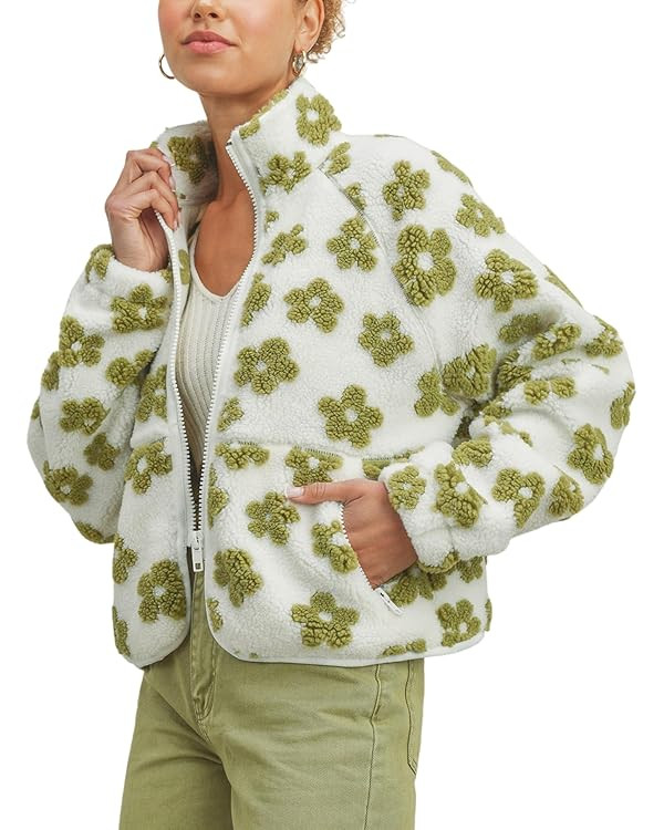 Yeokou Floral Jacket Women Winter Sherpa Fleece Coat Daisy Jacquard Stand Collar Full Zipper Casu... | Amazon (US)