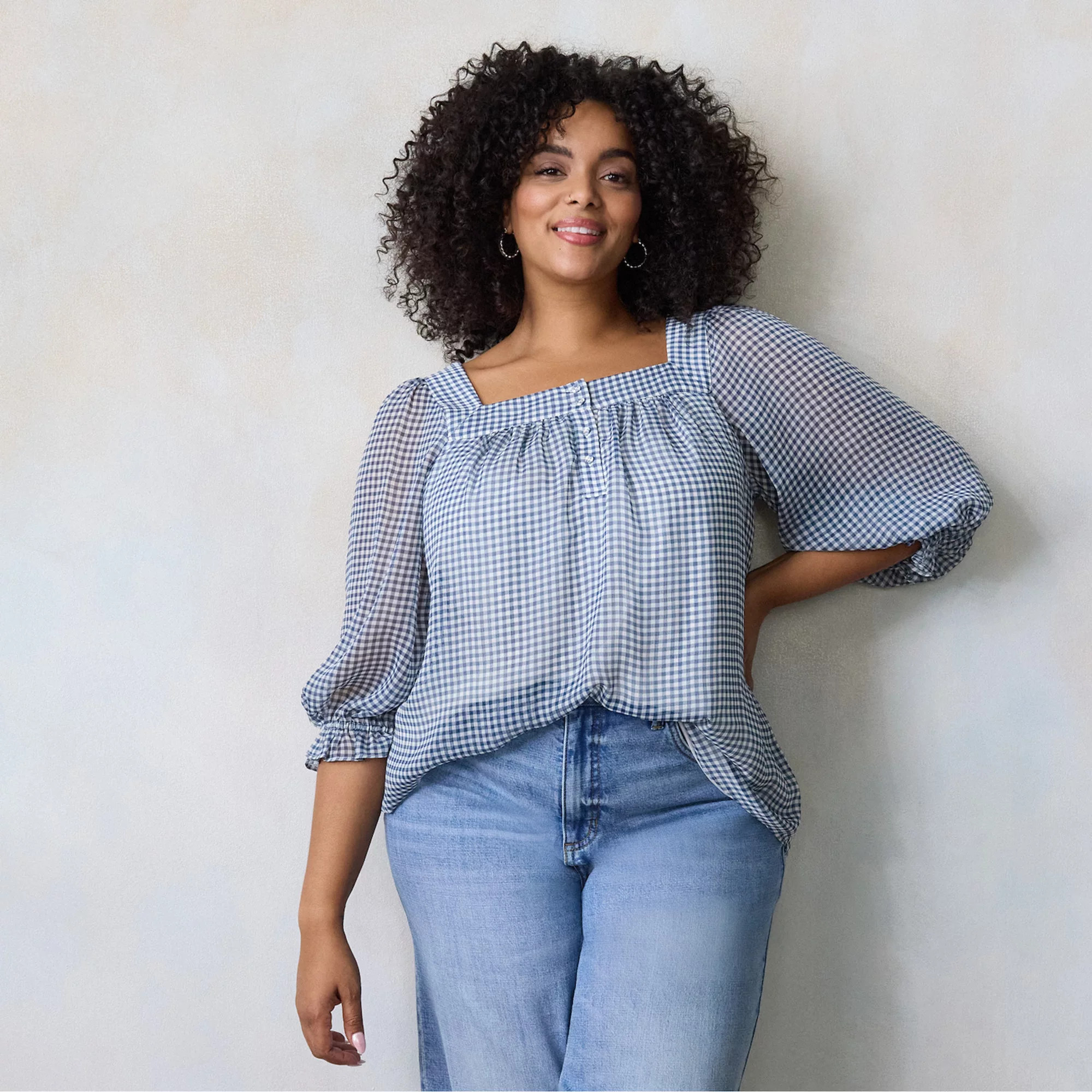 Plus Size LC Lauren Conrad 3/4 Length Sleeve Squareneck Blouse | Kohl's