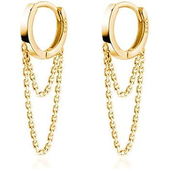 Reffeer 925 Sterling Silver Tassel Chain Drop Dangle Small Hoop Earrings Huggie for Women Teen | Amazon (US)
