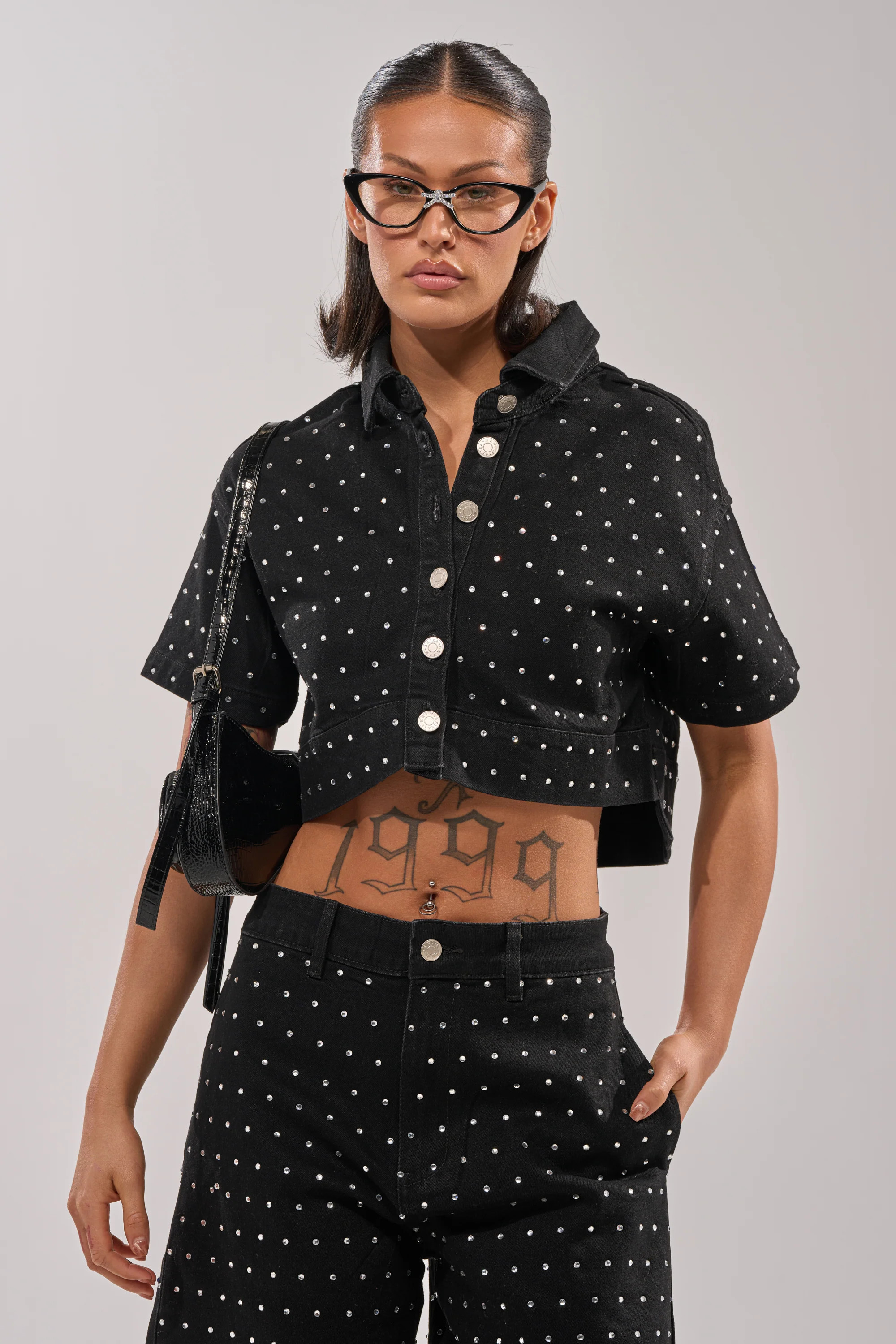 AKIRA Its Giving Denim Rhinestone Button Down Top | Black | Size 2X | AKIRA