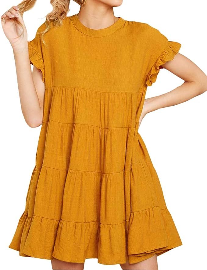 Joteisy Women’s O Neck Ruffle Short Sleeve Tiered Casual Mini Dress | Amazon (US)