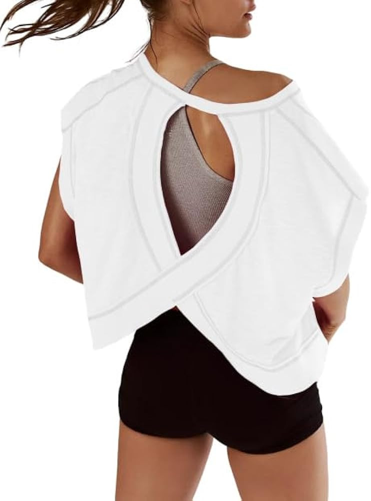 Kumufenc Women Short Sleeve Workout Shirts Open Back Tops Casual Yoga Y2k Athletic Gym Slouchy Cr... | Amazon (US)
