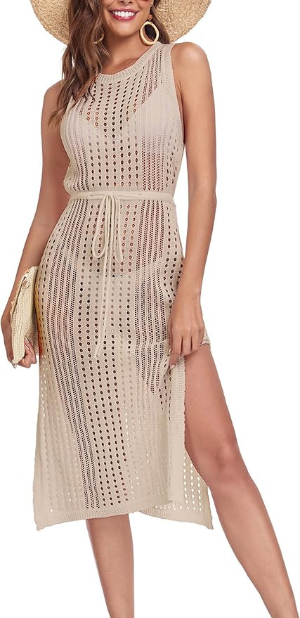 Adisputent Crochet Swim Cover Up for Women Hollow Out Bikini Bathing Suit Coverup Side Split Slee... | Amazon (US)